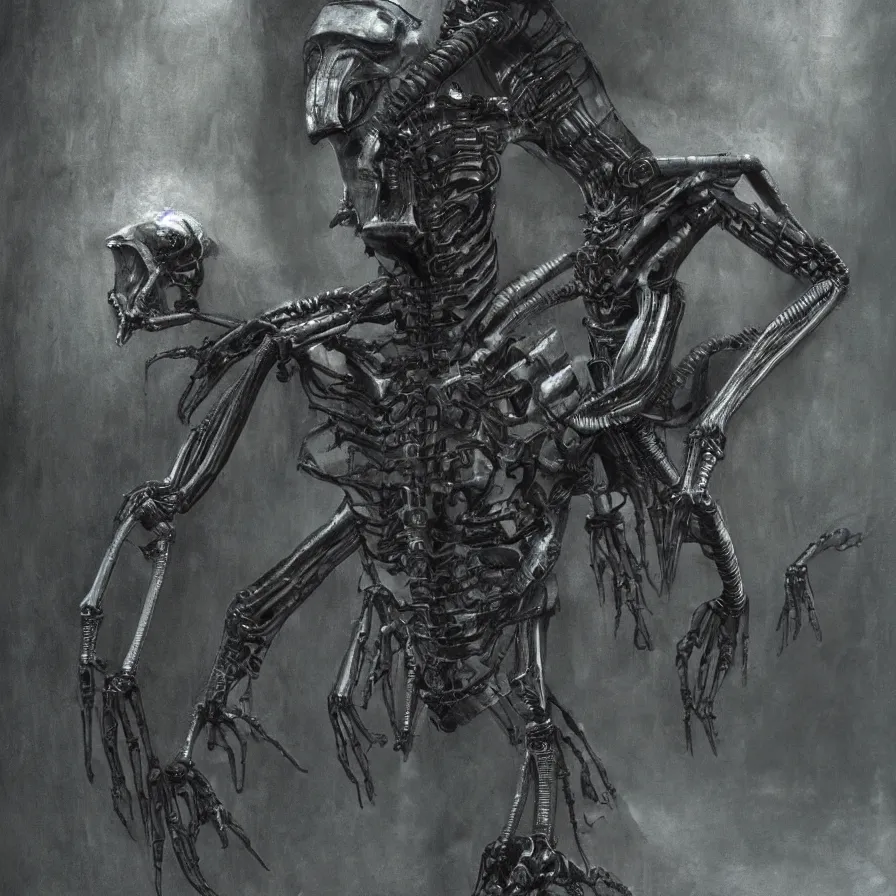 Image similar to Matte painting of a biomechanical alien exoskeleton. dark backdrop, 50mm, H.R Giger