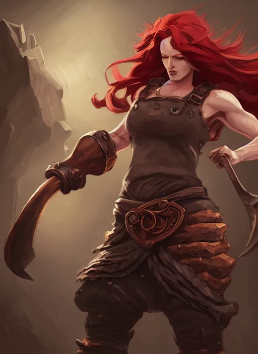 Prompt: a highly detailed illustration of fierce red haired blacksmith woman wearing blacksmith apron, muscular, dramatic pose, intricate, elegant, highly detailed, centered, digital painting, artstation, concept art, smooth, sharp focus, league of legends concept art, wlop.