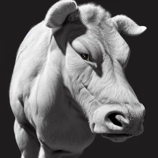 Image similar to a super muscly Belgian Blue, very detailed, ultrarealistic, dramatic lighting, electrical details, high details, 4k, 8k, best, accurate, trending on artstation, fur, artstation, photorealism, ultrarealistic, digital painting, style of frank frazetta