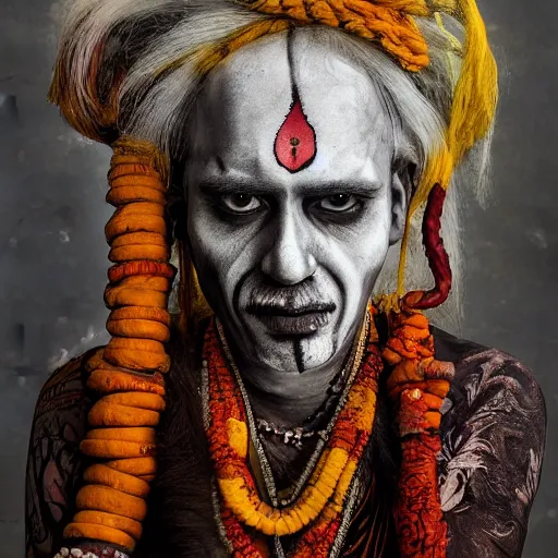 Prompt: realistic expired kodak film portrait of aghori tantrik with kapala, albino india woman tentacled creature mix, marigold, roses celestial vibe, hyperrealism, hypermaxiymalism, photorealistic, detailed, atmospheric, 8 k, award winning photography, cinematic