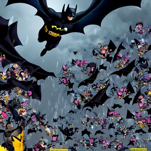 Prompt: batman fighting a large number of minons, 4 k