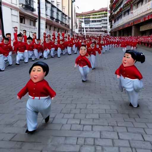 Prompt: screaming kim jong un dolls running through pamplona spain