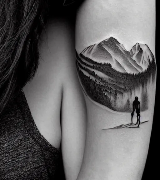 Image similar to tattoo design of beautiful woman portrait against a background of beautiful mountains and nature, in the style of den yakovlev, black and white, hyper realistic, highly detailed