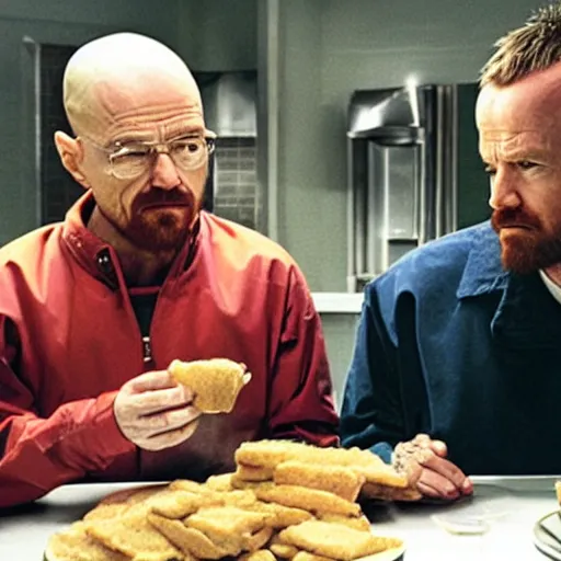 Image similar to walter white and jesse pinkman eating hamburger