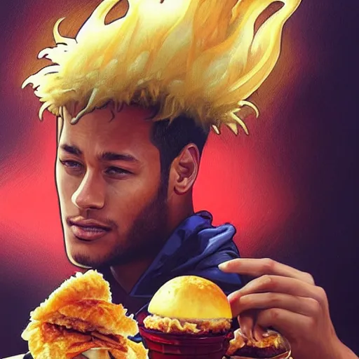 Image similar to Neymar eating a KFC zinger, closeup, giant zinger, D&D, fantasy, intricate, elegant, highly detailed, digital painting, artstation, concept art, matte, sharp focus, illustration, art by Artgerm and Greg Rutkowski and Alphonse Mucha