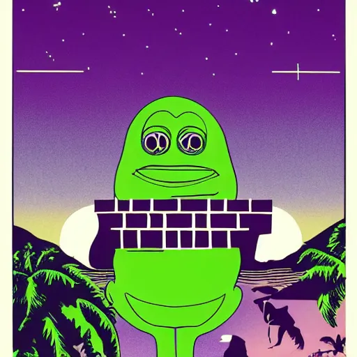 Image similar to ufo and aliens with pepe the frog beaming up abducting cows along coast line pastures, summer night and palm trees. by patrick nagel, by norman rockwell, by virgil finlay minimalist lighting, precisionist, 1 0 0 0 0 mm. purple and green gammas.