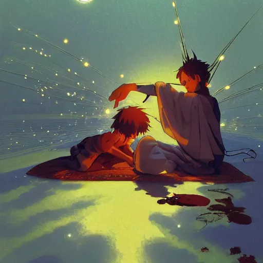 Prompt: several tiny fairies shown as balls of light clustered around the sleeping body of a young boy. By Makoto shinkai. Angus McBride. WLOP. Masterpiece.