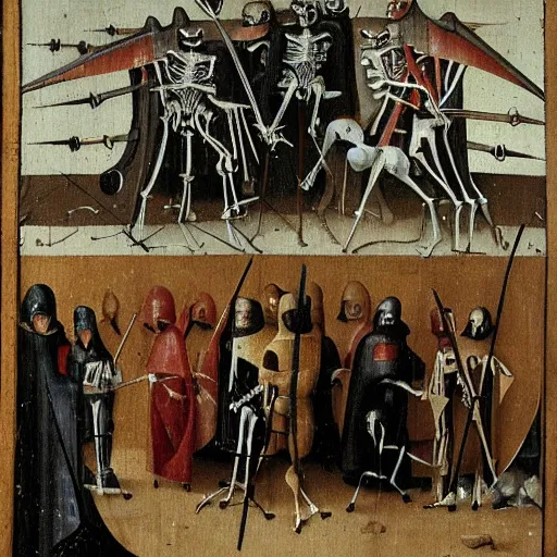 Prompt: skeleton knights painted by hieronymous bosch