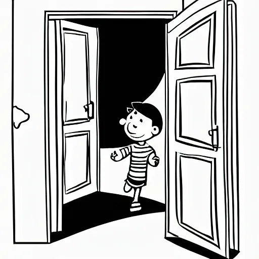 Image similar to storybook illustration of an open wardrobe revealing the entrance to a fantastic world featuring diary of a wimpy kid, storybook illustration, monochromatic