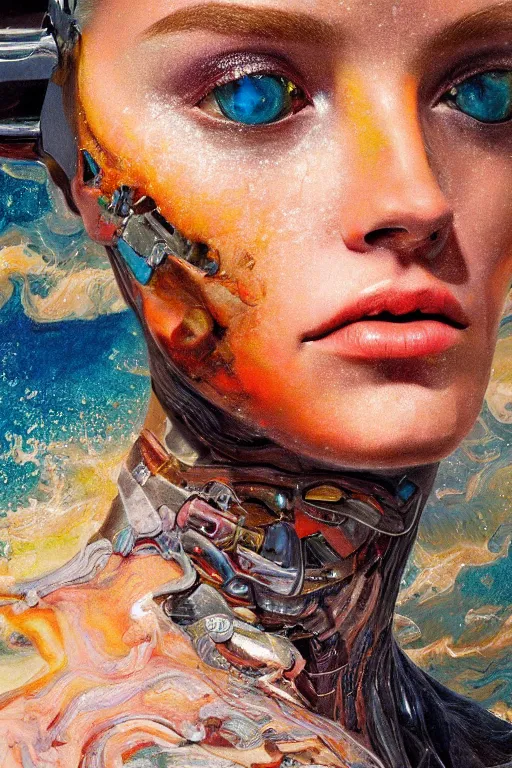 Prompt: hyperrealism oil painting, close-up portrait of fashion model, melted cyborg, ocean pattern mixed with deep cosmos, in style of classicism mixed with 70s japan book art