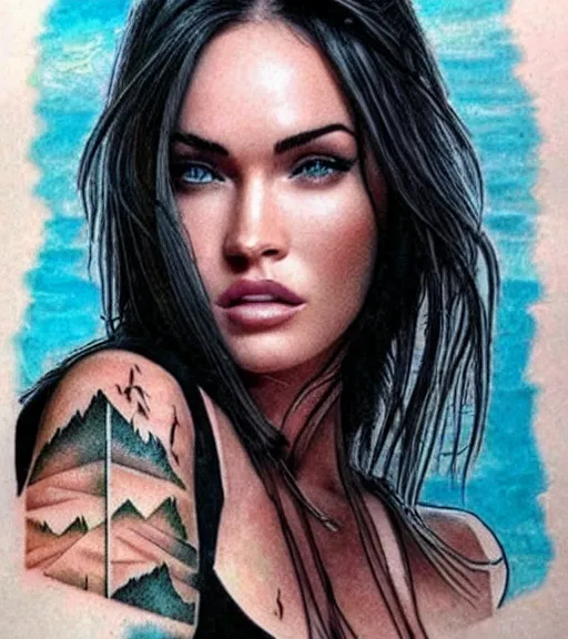 Image similar to double exposure effect tattoo design sketch of megan fox with beautiful mountain scenery, realism tattoo, in the style of matteo pasqualin, amazing detail, sharp