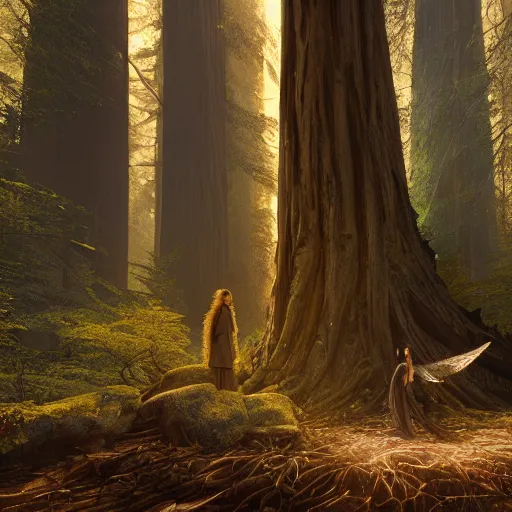 Image similar to angel in a redwood forest, sunlit, octane render, matte, greg rutkowski, highly detailed, hdr