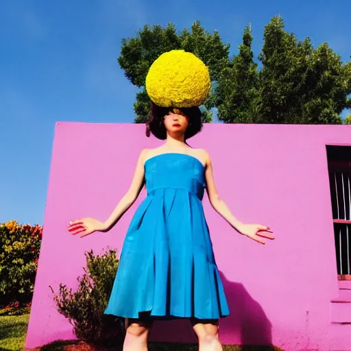 Prompt: giant flower head, full body, girl standing in front of house, surreal photography, symmetry, mid century, flat light, bright colours, blue sky, realistic, wes anderson