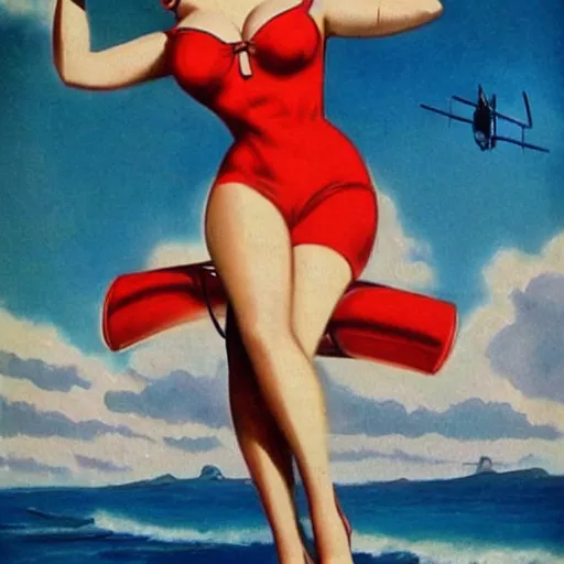 Prompt: Vintage pinup painting!!!! on b-25 bomber!!! of Christina Hendricks wearing 1940's swimsuit. Vintage color photograph, WWII, aircraft nose art!!!!!