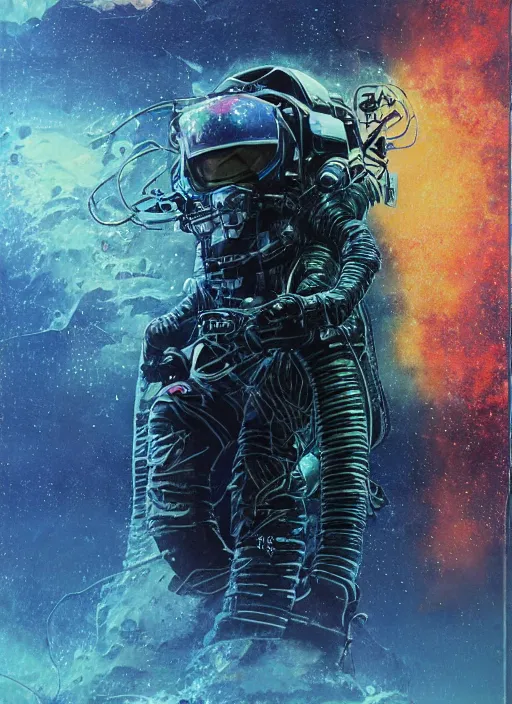 Image similar to astronaut in dark void underwater - complex and hyperdetailed technical suit design. reflection and dispersion materials. rays and dispersion of light. volumetric light. f / 3 2. noise film photo. flash photography. ultra realistic, 5 0 mm. poster by wayne barlowe, hajime sorayama aaron horkey, craig mullins