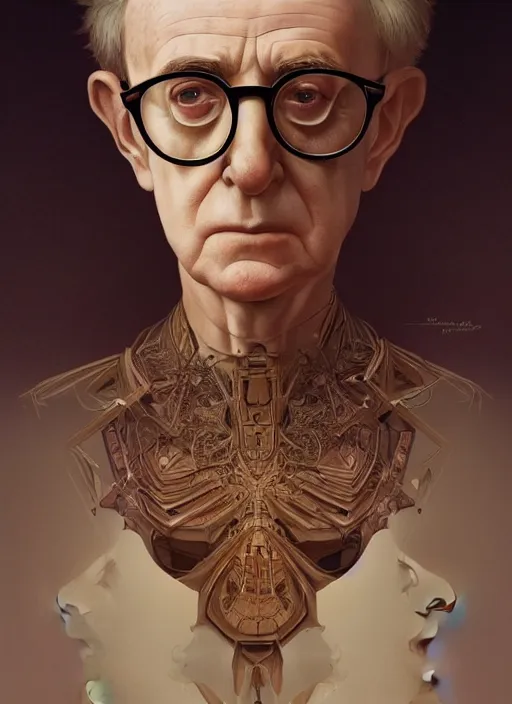 Prompt: symmetry!! woody allen, machine parts embedded into face, intricate, elegant, highly detailed, digital painting, artstation, concept art, smooth, sharp focus, illustration, art by artgerm and greg rutkowski and alphonse mucha, 8 k