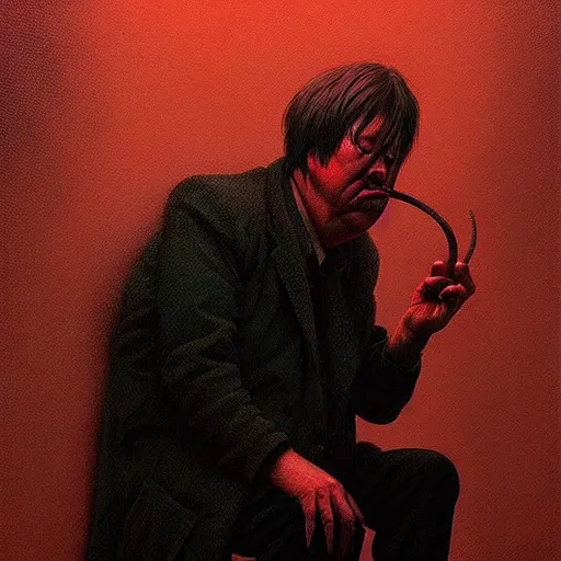 Prompt: concept portrait of bill hicks smoking, dark atmosphere, lovecraftian setting, lynchian atmosphere, film noir, concept art, art by kuvshinov ilya and zdislav beksinski and wayne barlowe