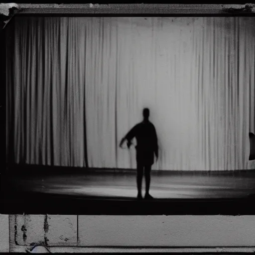 Prompt: Two male silhouettes on a gigantic abandoned theatre stage, polaroid picture with film grain, black-and-white, bright, vignette, 4k, vague, wide-angle lens