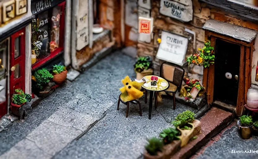 Image similar to miniature cafe diorama macro photography, cafe with felted mice, alleyway, ambient, atmospheric, british, bokeh, romantic