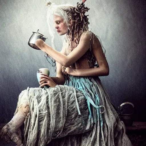 Prompt: A 18th century, messy, silver haired, (((mad))) elf princess, dressed in a ((ragged)), wedding dress, is ((drinking a cup of tea)), in her right side is a porcelain tea set. Everything is underwater. Mystical, dreamlike, atmospheric, scarry, greenish blue tones, theatrical, (((underwater lights))), high contrasts. fantasy concept art by Henry Meynell Rheam, Claude Monet, and John Everett Millais