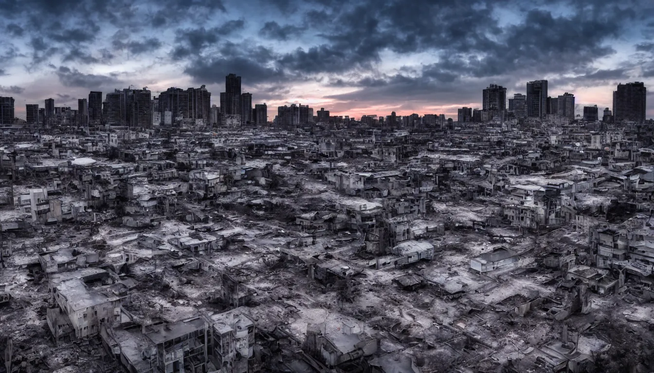 Image similar to A decaying high-tech city, sparse signs of human activity. Day break. Dramatic sky. 4K.