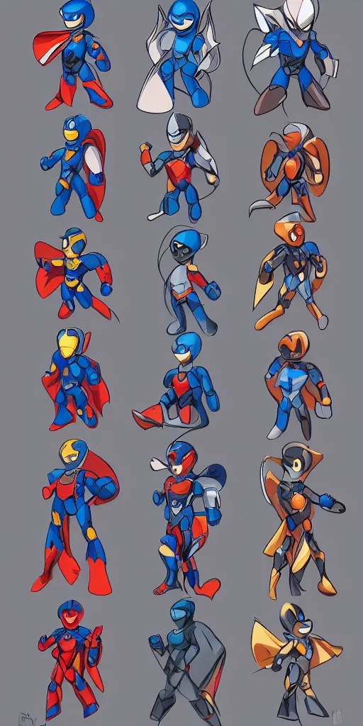 Prompt: superhero character concept based on megaman, ultra detailed, portrait, coherent, symmetry, trending on artstation, character concept, character design