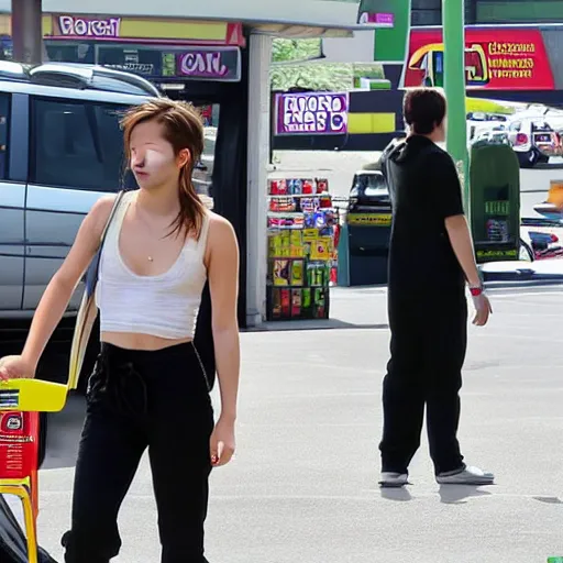 Image similar to Emma Watson wearing baggy pants at a 7-Eleven in GTA 5.