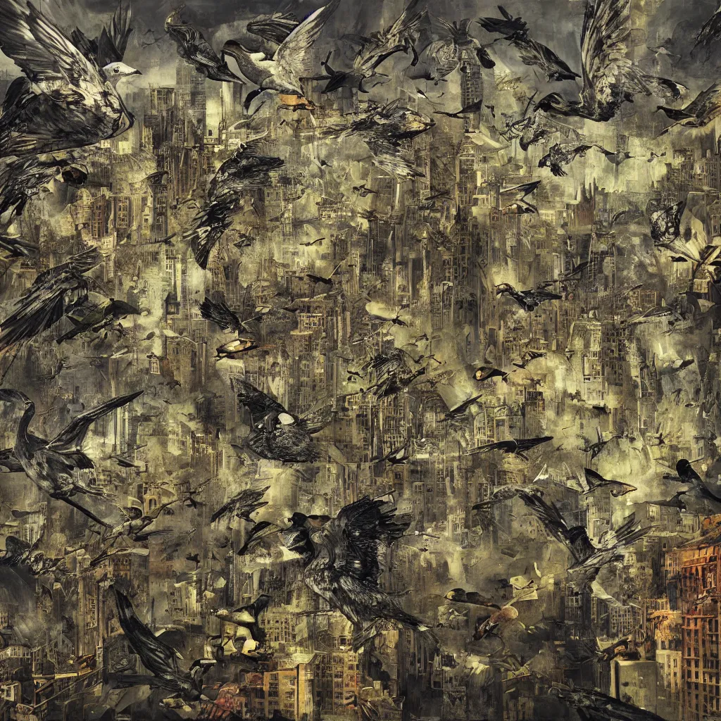 Prompt: digital birds fly over a progressively rasterized city into virtuality, oil on canvas by dave mckean and ivan shishkin