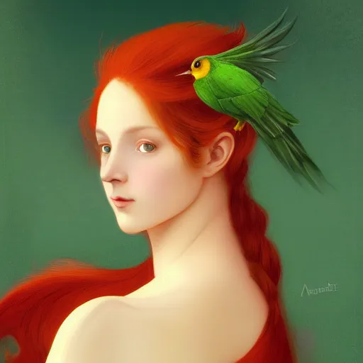 Image similar to a beautiful stunning fantasy whimsical matte digital portrait illustration of a pretty womam with bright green eyes and fiery red hair with a green bird on her shoulder, in the style of William Adolphe-Bouguereau and Marc Simonetti, magic the gathering, trending on artstation, contest winner