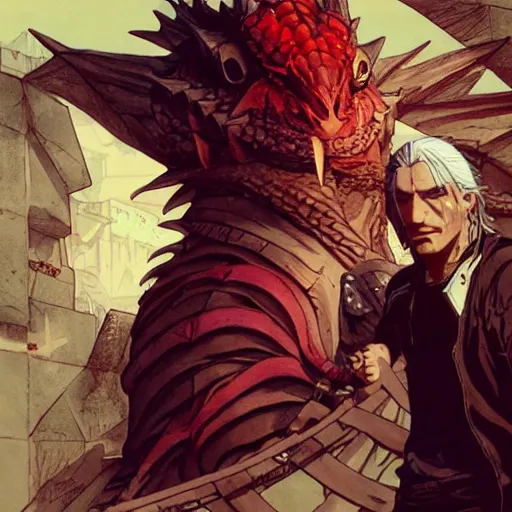 Prompt: precisely drawn illustration of anime geralt of rivia talking to smaug the dragon, wide angle, sharp, fine details, anime, manga, cyberpunk, realistic shaded lighting by katsuhiro otomo ghost-in-the-shell, magali villeneuve, artgerm, rutkowski, Jeremy Lipkin and Giuseppe Dangelico Pino and Michael Garmash and Rob Rey