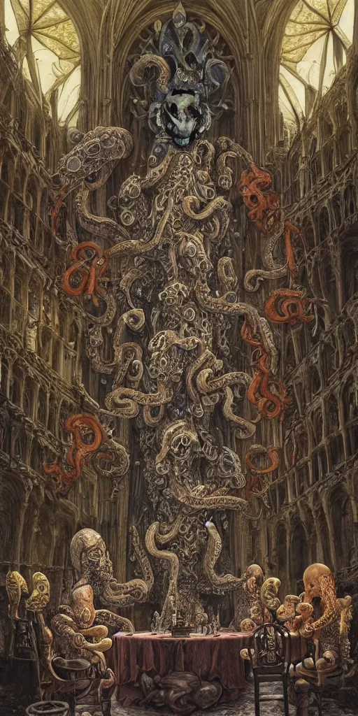 Image similar to mages with human bodies and magical armour with octopus heads sitting near the table in an ancient mage castle with enormous scale, gothic and baroque, brutalist architecture, ultradetailed, Intricate by John Howe and Josan Gonzalez and Giuseppe Arcimboldo