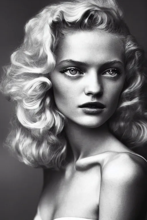 Prompt: stunning award - winning portrait by peter lindbergh of a beautiful young feminine blonde woman with bright eyes. vintage hollywood glamour. long shiny wavy glam hair. long curly hair. glam makeup. vogue. fashion photography. sharp focus. canon 5 0 mm.