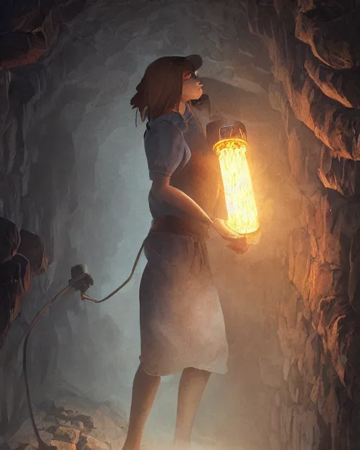 Image similar to a beautiful coalminer woman in a mine lit by kerosene lamps, pioneer work, ambient cave lighting, detailed face, by makoto shinkai, stanley artgerm lau, wlop, rossdraws