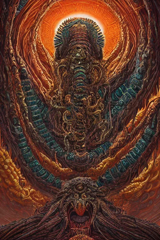 Prompt: portrait of Quetzalcoatl the plumed serpent god, in style of Doom, in style of Midjourney, insanely detailed and intricate, golden ratio, elegant, ornate, unfathomable horror, elite, ominous, haunting, matte painting, cinematic, cgsociety, James jean, Noah Bradley, Darius Zawadzki, vivid and vibrant