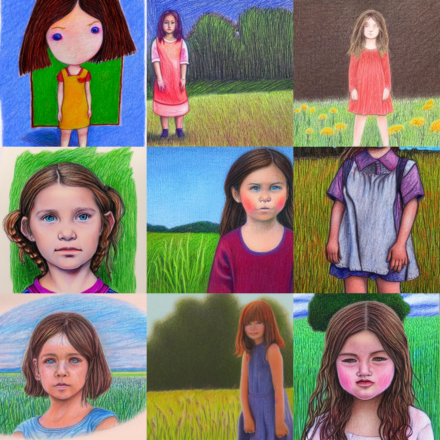 Prompt: playful portrait colored pencil drawing of girl standing in field looking at camera.