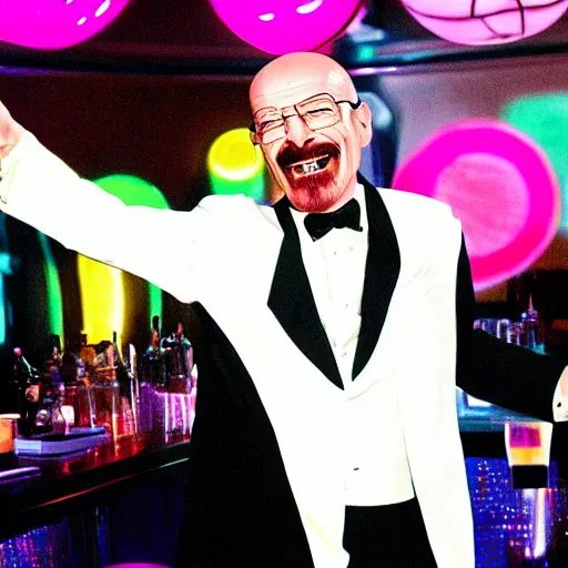 Image similar to walter white in a white tuxedo, laughing in a night club, neon lights and laser show