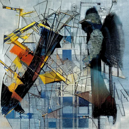 Image similar to the progressive rasterization of a bird, from a mechanical one into a pixel one, golden - blue oil on canvas by dave mckean and yoji shinkawa and roberto matta