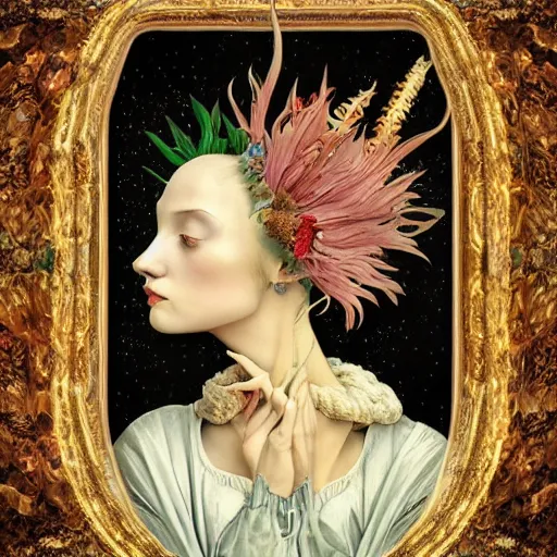 Image similar to a detailed portrait of young woman in renaissance dress and a surreal renaissance headdress, very surreal garden, strange creatures, by christian schloe and botticelli, naotto hattori, amy sol, roger dean, moody colors