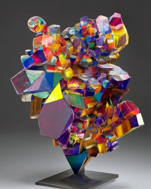 Prompt: a multicolored bismith sitting on top of a table, an abstract sculpture by john chamberlain, trending on pinterest, crystal cubism, angular, made of crystals, iridescent