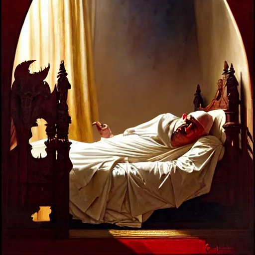 Image similar to the pope is in his bed, nervous and terrified, because a double horned shadow beast from hell is attacking him. highly detailed painting by gaston bussiere, j. c. leyendecker, greg rutkowski, craig mullins 8 k