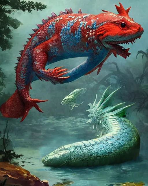 Prompt: game character beautiful giant huge kaiju sized pond dragon half fish half salamander, sea dragon, wet amphibious skin, red salamander, axolotl creature, koi pond, korean village by Ruan Jia and Gil Elvgren, fullbody