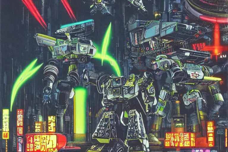 Image similar to 1 9 7 9 science fiction depicting mechwarrior in neo - tokyo. art by tim conrad and vic bonilla