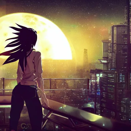 Prompt: android mechanical cyborg anime girl overlooking overcrowded urban dystopia. Full moon long flowing hair. gigantic future city. pitch black night. raining. makoto shinkai. wide angle. distant shot. dark and dreary. solar eclipse.