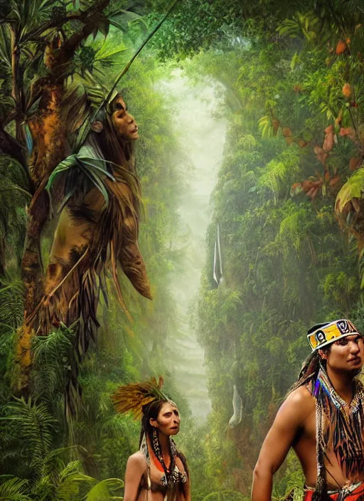 Prompt: two indigenous people standing side by side in the jungle, fantasy art, highly detailed, matte painting