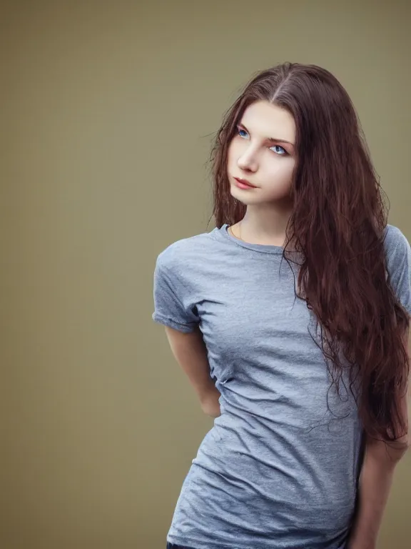 Image similar to hyperdetailed photo of a beautiful ukrainian girl, brown eyes, dark hair, winds of winter, with very tight t - shirt