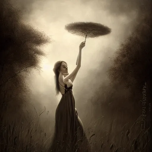Image similar to By Tom Bagshaw, ultra realist soft painting of a flower field by night, long dress female, horror, omnious sky, symmetry accurate features, very intricate details, black and white, volumetric light clouds