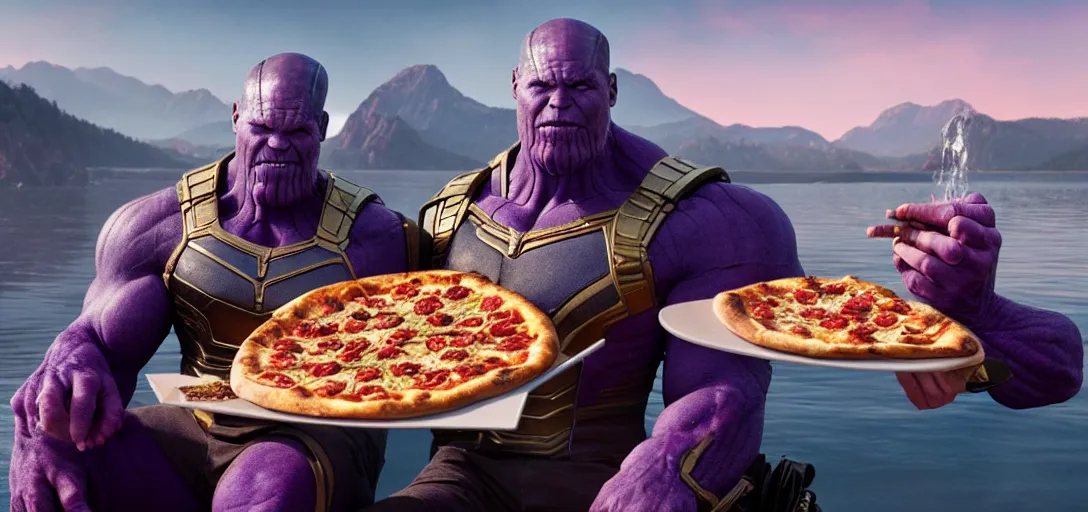 Prompt: a very high resolution image from a new movie. thanos eating pizza on a lake, photorealistic, photography, directed by wes anderson