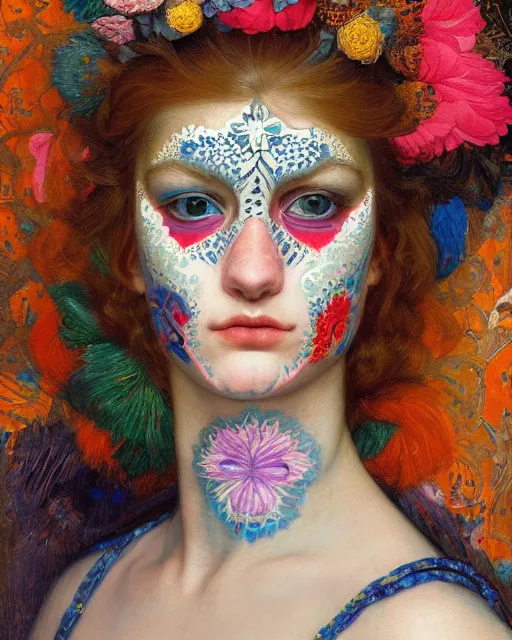 Image similar to a beautiful girl wearing colourful face paint surrounded by bright intricate patterns, by edgar maxence and caravaggio and michael whelan, intricate painting, hyper realistic, extremely detailed and beautiful aesthetic face, 8 k resolution