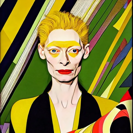 Image similar to art by joshua middleton, the actress tilda swinton, a medium shot portrait of the golden creeper, a tall manically smiling yellow - skinned woman with green and black striped cycling shorts and wearing a long red and black striped ostrich feather boa, yellow makeup, mucha, kandinsky, poster, art deco motifs, comic art, stylised design, scarlet feather boa