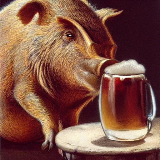 Image similar to an anthropomorphic boar drinking beer